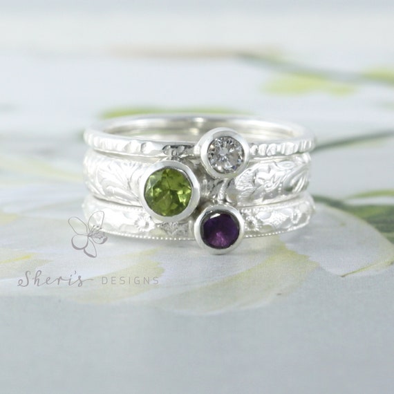 Birthstone Mother s Rings 3 Stone Sterling Silver Stacking Rings Triple Stone Family Mother s Rings Mother s Day Gift Custom Made Etsy