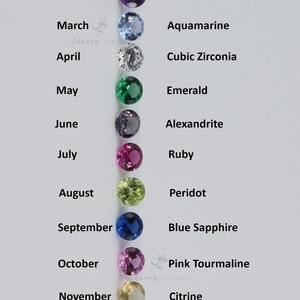 Round birthstones pictured together show by month:
Reddish brown garnet
Purple amethyst
blue aquamarine
Clear cz
green emerald
purple alexandrite
red ruby
green peridot
blue sapphire
pink tourmaline
yellow citrine
blue zircon
purple tanzanite