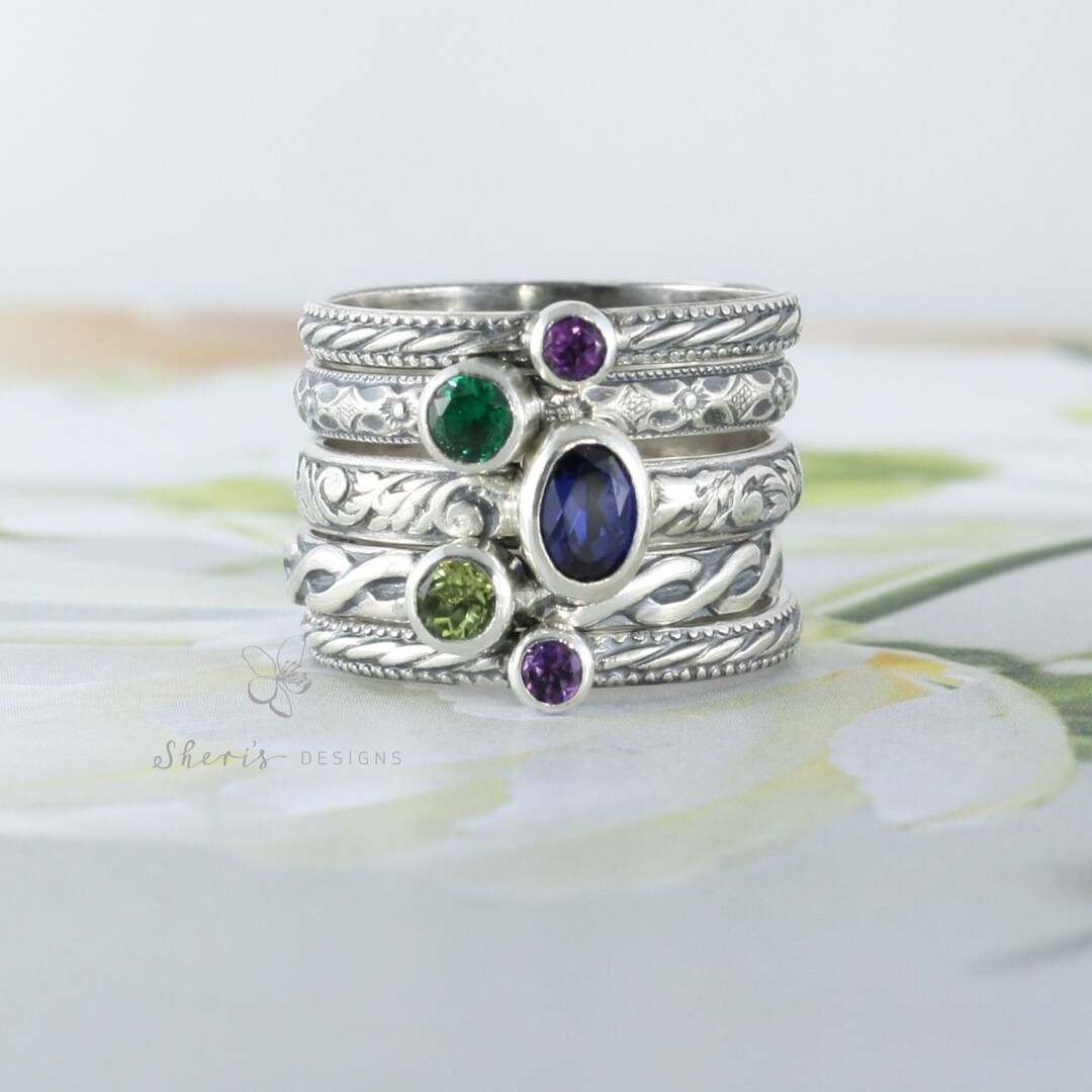 Gemstone Stacking Ring | 5 Gemstone Mother's Ring Set | Oval and Round ...