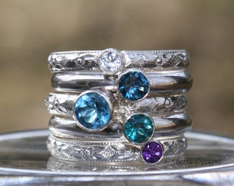 Mother's Ring Set | Birthstone Stacking Ring Set | 5 Gemstone Ring Set | Family & Mother's Ring | Sterling Silver | Custom Made