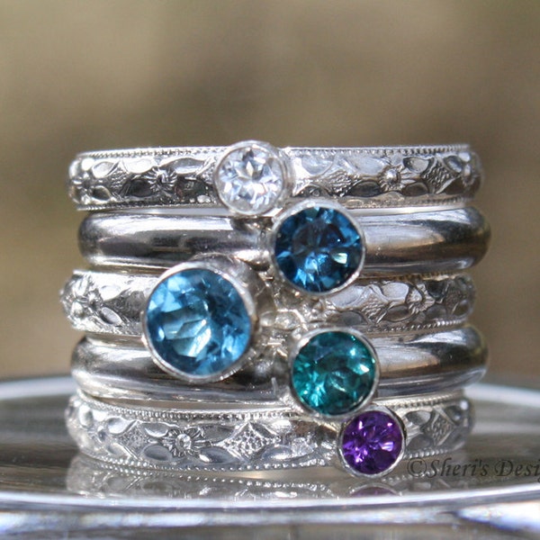 Mother's Ring Set | Birthstone Stacking Ring Set | 5 Gemstone Ring Set | Family & Mother's Ring | Sterling Silver | Custom Made