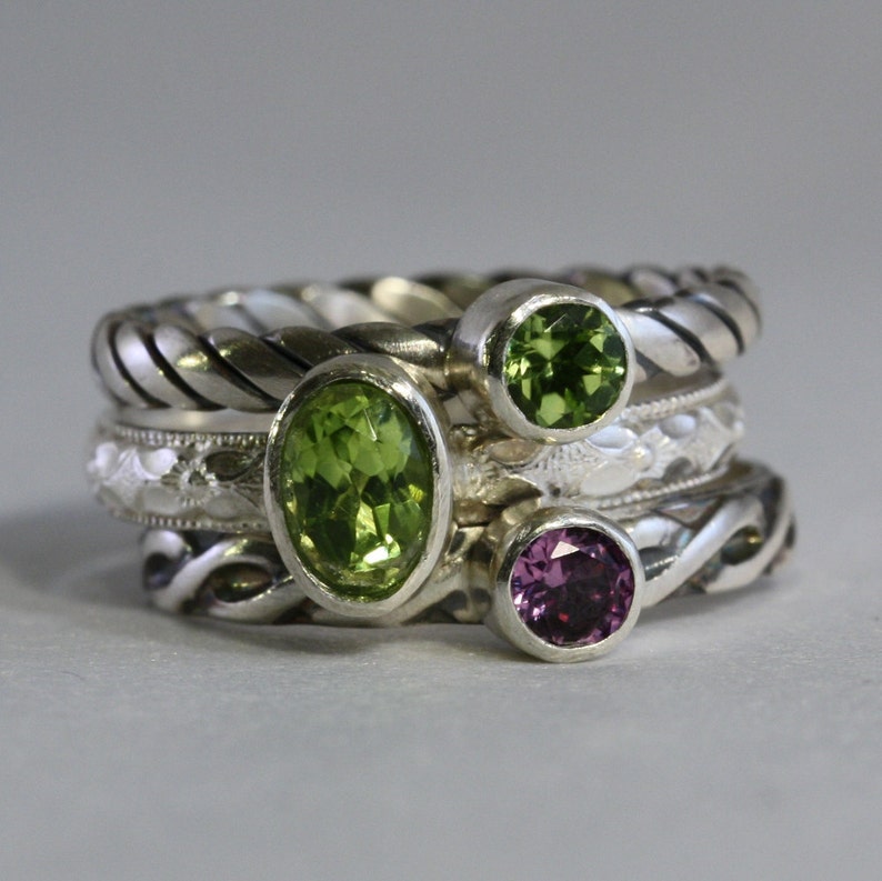 3 Gemstones Stacking Ring set oval gem 4mm round gems | Etsy