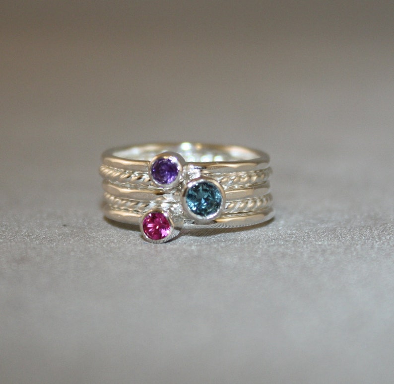 3 Gemstone Birthstone Stacking Rings 4mm and 3mm gems Family | Etsy
