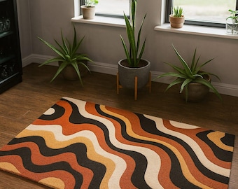 Groovy Wave Retro Area Rug: 70s Abstract Burnt Orange & Brown Mid-Century Modern Statement Piece