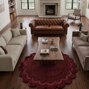 Deep Burgundy Scalloped Rug - 3D Carved Flower Petal Circle Rug - Round Red Area Rug for Living Room - Modern Hand Tufted Plush Floor Rug.