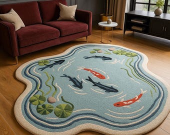 Koi Fish Pond Rug, Tufted Irregular Area Carpet, Japanese Water Lily Floor Rug