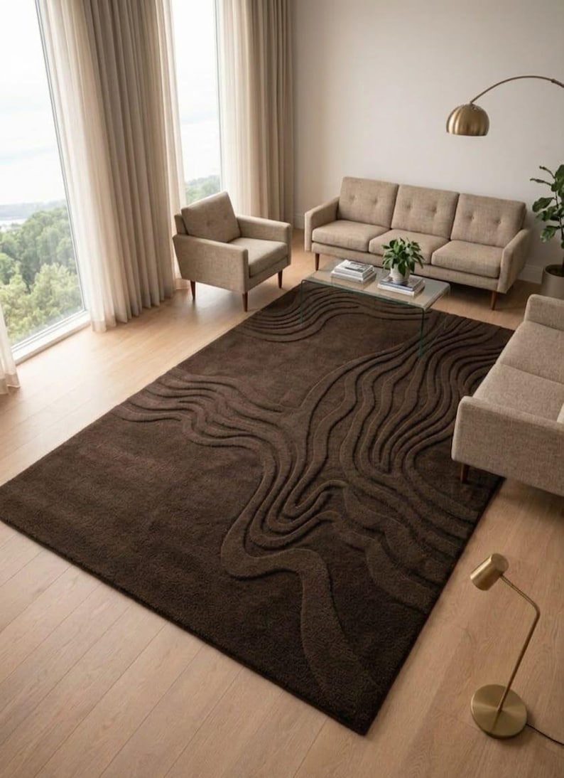 Plush 3D Ripple Texture Rug – Deep Brown High-pile Carpet – Soft ...