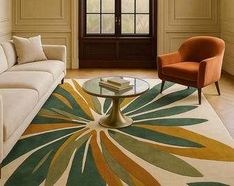 Hand-Tufted Wool Area Rug – Olive Green Botanical Leaf Pattern, Modern Decor