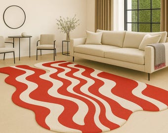 Modern Red & Cream Irregular Blob Rug | Wavy Abstract Design | Unique Statement Area Carpet Rug