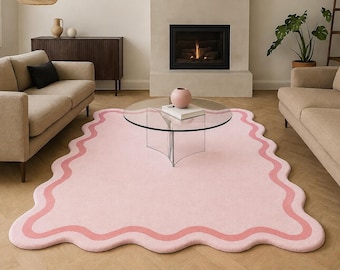 Hand Tufted Pink Wool Rug Scalloped High Low Area Rug Modern Nursery Decor