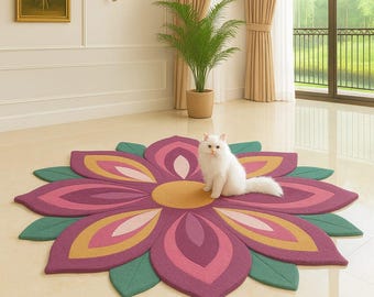 Handmade Flower Tufted Rug, Pink Floral Area Rug, Boho Carpet Decor