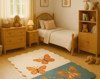 Wunderlicher rosa Teppich in Schmetterlingsform mit Bogenkante für Kinderzimmer- & Kinderzimmer-Deko
