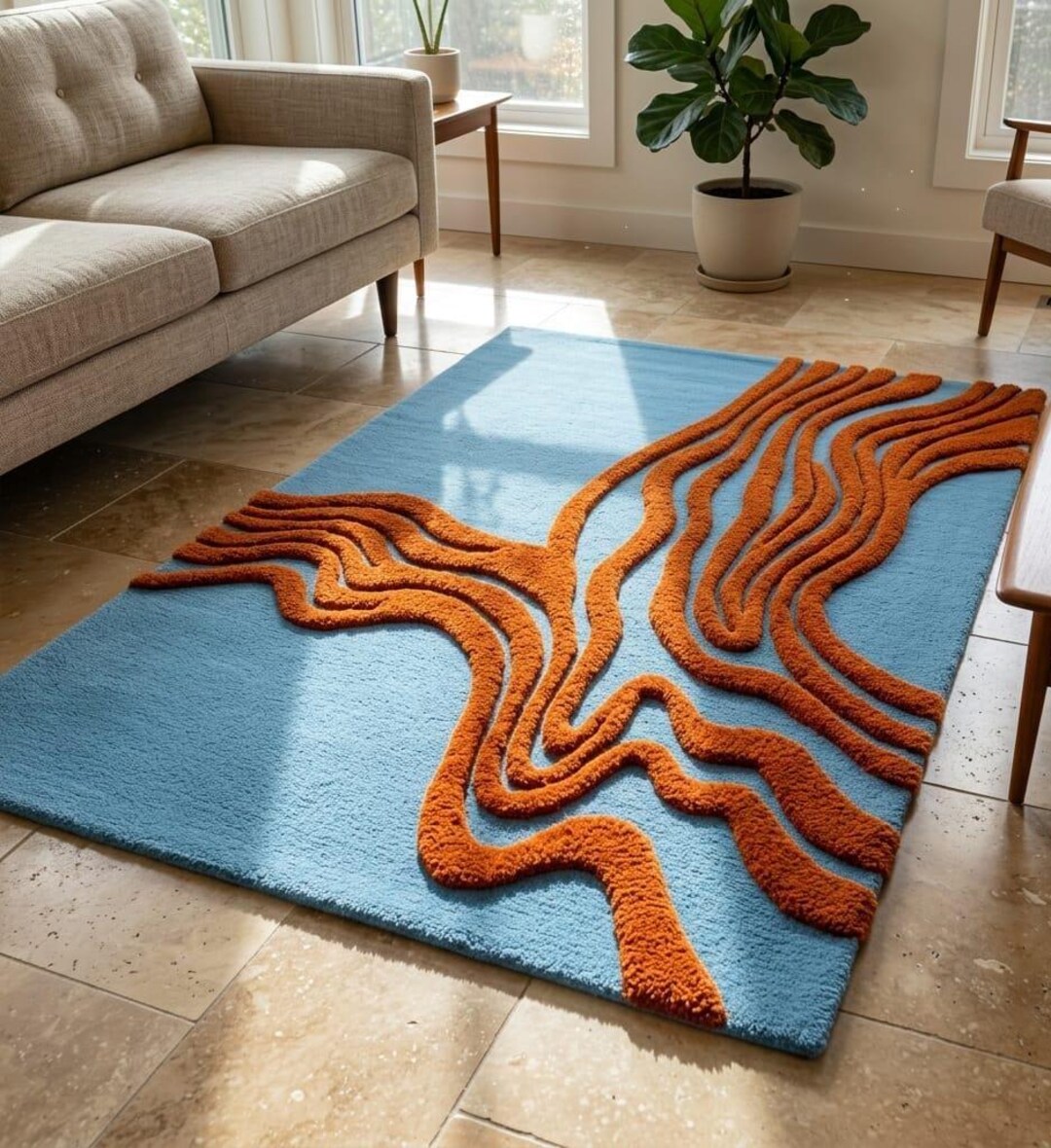 Topographic Wave Area Rug - Midnight Blue & Rust Orange Sculpted High ...