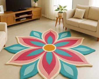 Unique Flower Shaped Rug: Multi-Color Abstract Floral Scalloped Accent Mat for Boho & Eclectic Decor