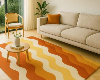 Retro gegolfd vloerkleed | Verbrand oranje, mosterdgeel tapijt