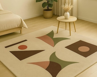 Mid-Century Modern Abstract Geometric Area Rug - Earth Tones, Brown, Terracotta & Sage Green