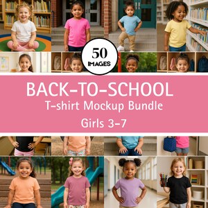 女の子向け新学期Tシャツ モックアップ 50枚セット | Bella Canvas 3001Y | シャツカラー 10色 | 3～7歳 | 多様なお子様向け | PODシャツディスプレイ