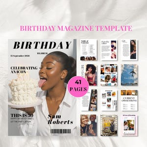 Op de afbeelding: Een verjaardagsmagazinesjabloon met een omslag met een vrouw die een taart vasthoudt met een "50" kaars. Het tijdschrift bevat de tekst "BIRTHDAY" en "CELEBRATING AN ICON". Extra pagina's tonen inhoud zoals "Inhoudsopgave" en "Fun Facts".