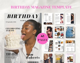 May include: A birthday magazine template with a cover featuring a woman holding a cake with a "50" candle. The magazine includes the text "BIRTHDAY" and "CELEBRATING AN ICON". Additional pages showcase content like "Table of Contents" and "Fun Facts".