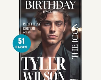 Plantilla de revista de cumpleaños personalizada, plantilla de revista de cumpleaños para él, regalo de revista Canva editable, regalo para novio o esposo