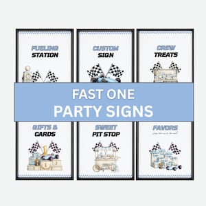 May include: Six rectangular signs with black frames featuring racing-themed graphics and text. The signs display Fueling Station, Custom Sign, Crew Treats, Gifts & Cards, Sweet Pit Stop, and Favors, each decorated with checkered flags and race cars.