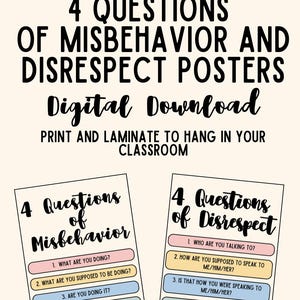 Puede incluir: Dos carteles para el aula con el texto "BOHO 4 PREGUNTAS DE MAL COMPORTAMIENTO Y FALTA DE RESPETO PÓSTERES Descarga Digital". Un cartel pregunta "4 Preguntas de Mal Comportamiento".