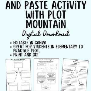 Puede incluir: Gráfico de descarga digital azul claro con el texto "Plot Mountain Cut and Paste Activity with Plot Mountain". Incluye plantillas editables de Canva para que los estudiantes de primaria practiquen la trama. Con diagramas de montaña de trama y términos coincidentes.