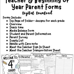 Może przedstawiać: Grafika do pobrania cyfrowego z tekstem "Editable Meet the Teacher & Beginning of Year Parent Forms". Zawiera formularze informacji o uczniach, ankiety dla rodziców i arkusze rejestracyjne. Obrazek mówi również "Welcome to 4th Grade!"