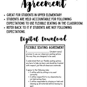 Puede incluir: Documento en blanco y negro titulado "Acuerdo de Asientos Flexibles" con viñetas y una sección para rellenar con el nombre del estudiante. El documento describe las expectativas del aula para los asientos flexibles.