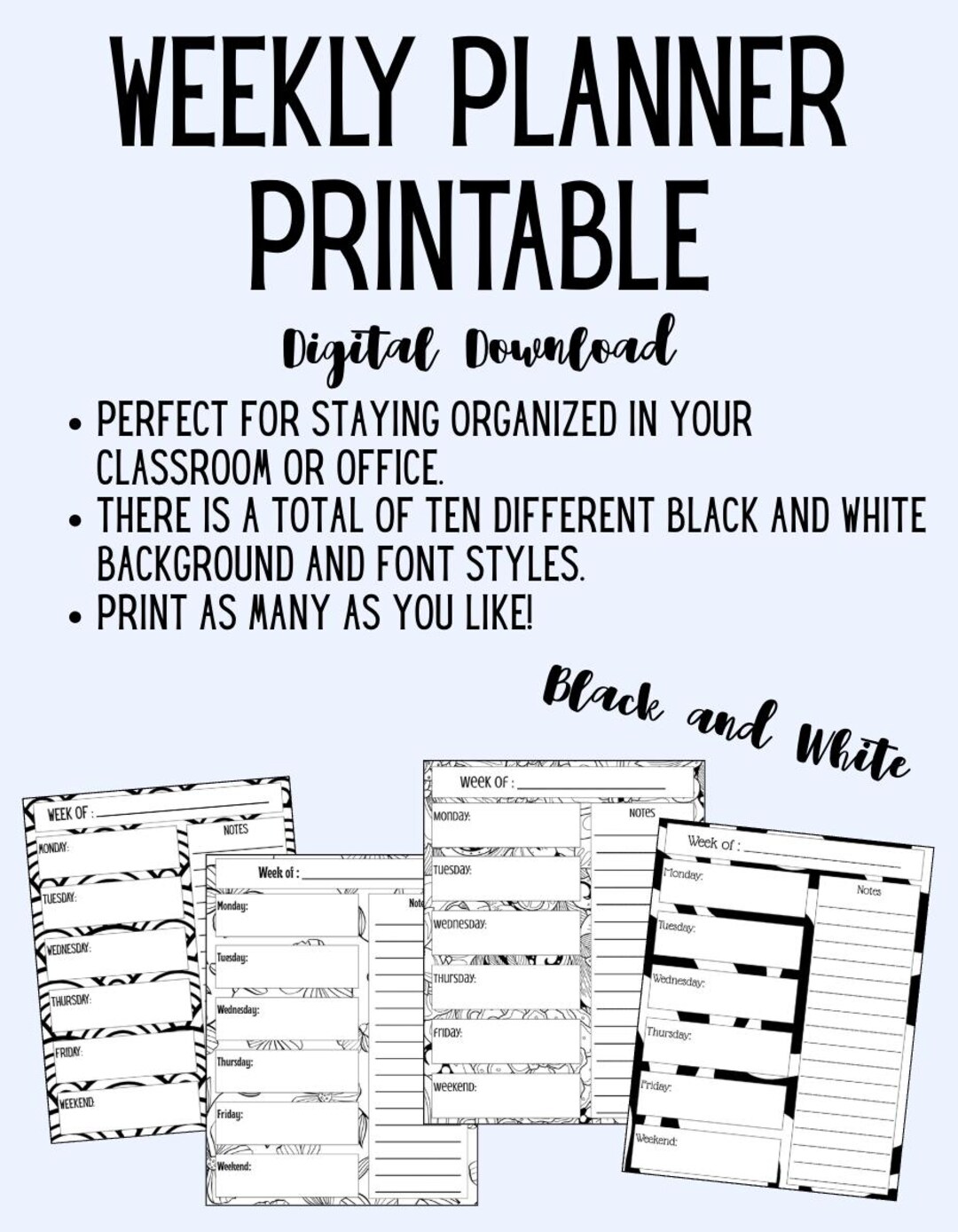 Black and White Weekly Planner Printable - Etsy