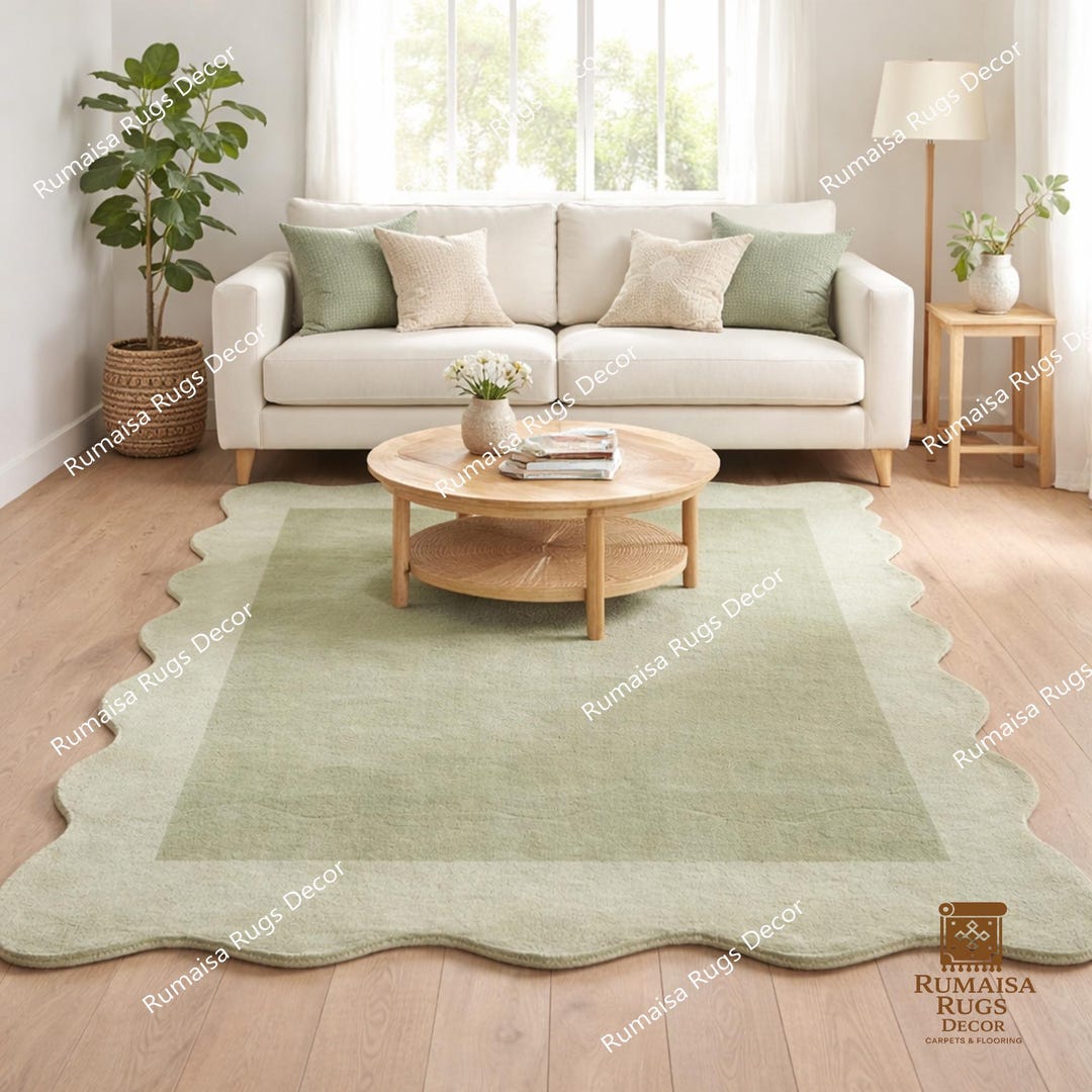 Hand-tufted Sage Green Wool Rug: Scalloped Edge, Modern Minimalist - Etsy