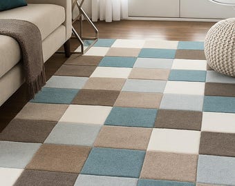 Hand-Tufted Wool Checkered Rug: Modern Blue, Beige & White Geometric Carpet