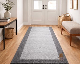 Hand Tufted Wool Runner Rug | Modern Blue Border Design