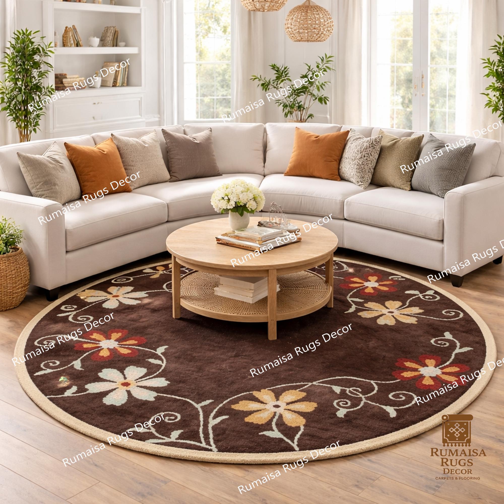 Hand Tufted Wool Floral Round Rug, Brown Boho Living Room Carpet - Etsy