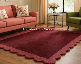 Hand Tufted Burgundy Scalloped Wool Rug – Elegant Living Room & Bedroom Area Carpet