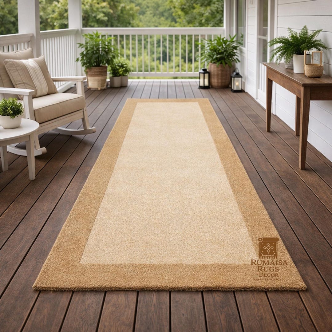 Beige Textured Runner Rug Hand Tufted Wool Runner Rug | Beige & Natural Border, Modern Minimalist ...