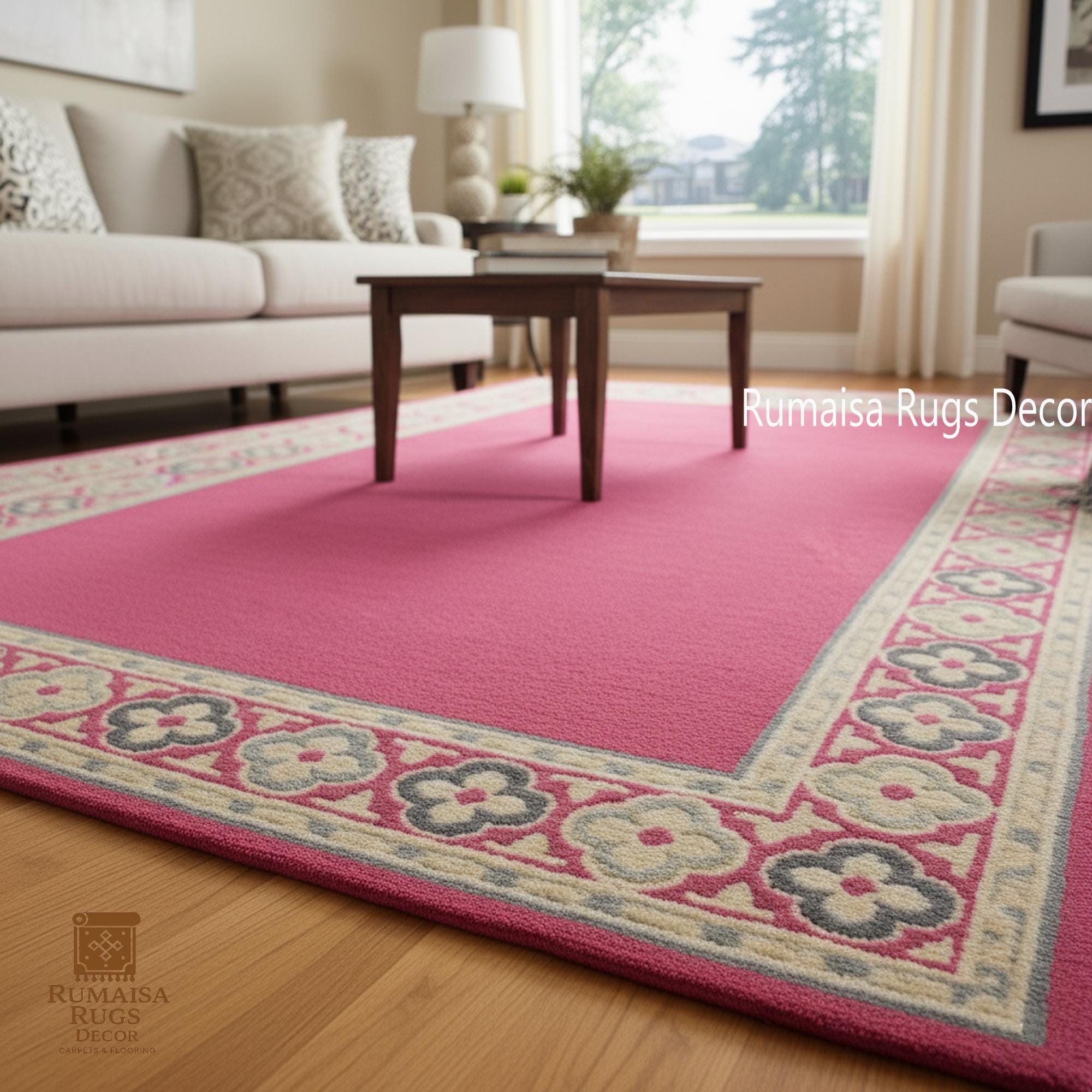 Border Area Rug Pink Pink Floral Border Area Rug – Hand Tufted Soft Carpet for Living Room ...