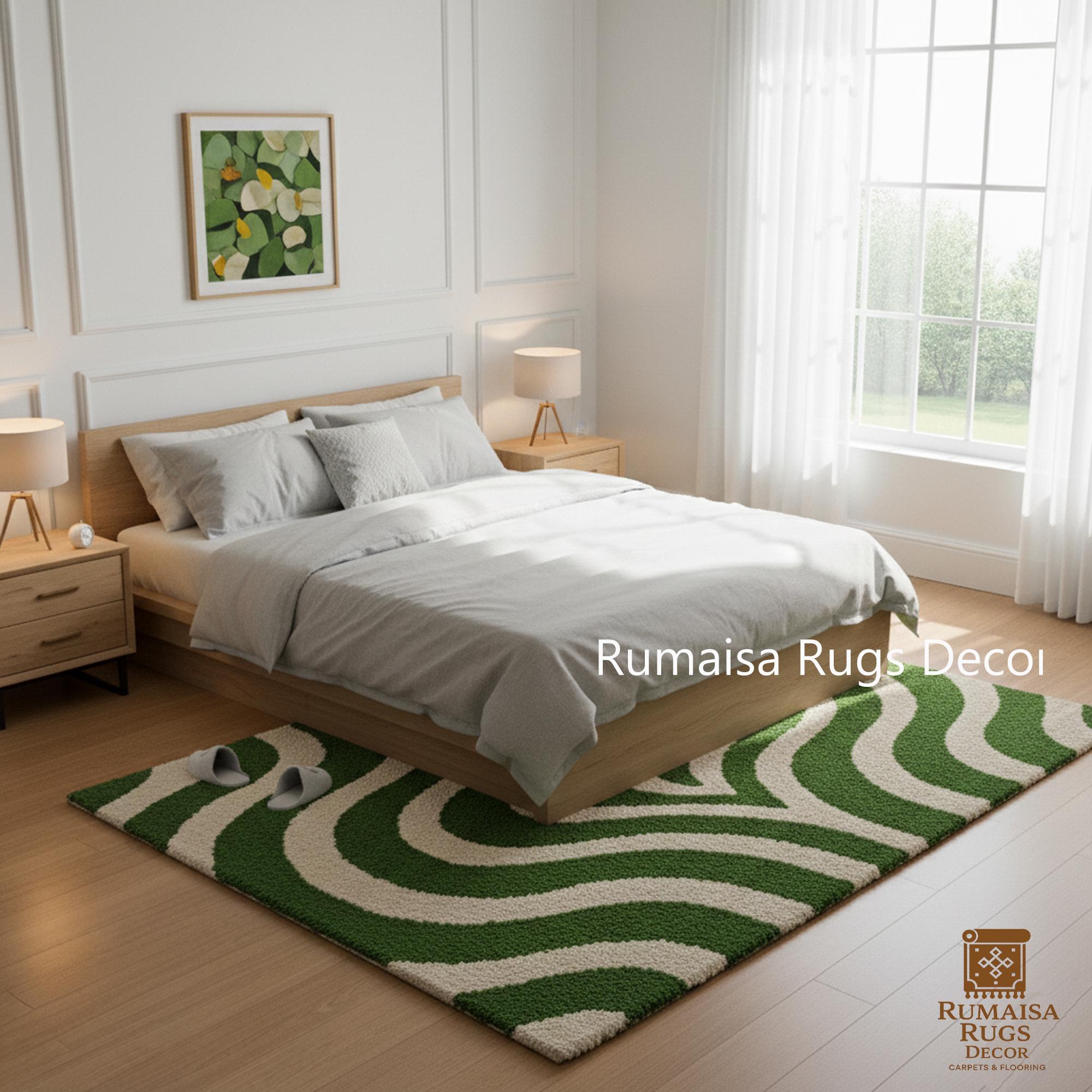 Hand-tufted Green and White Wavy Pattern Rug : Scalloped Edge, Modern ...