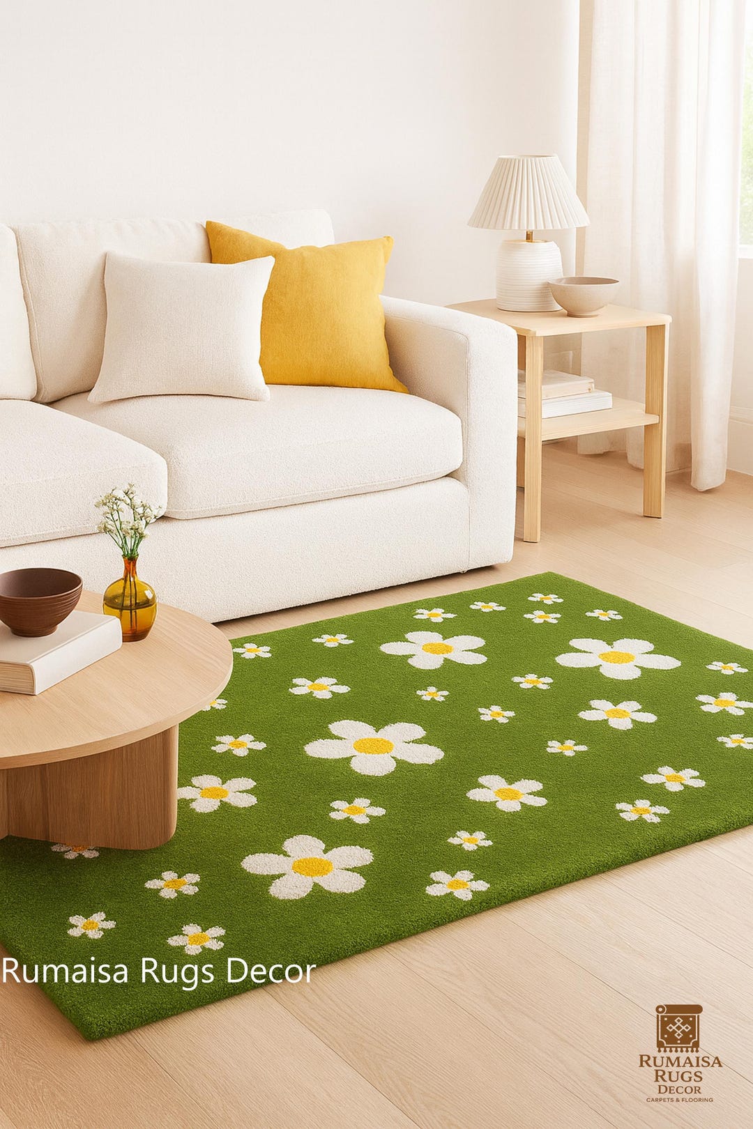 Hand-tufted Wool Flower Rug: Green White Yellow Combo for Living Room ...
