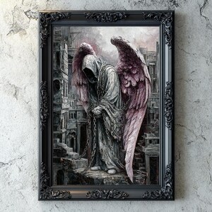 Fallen Angel Gothic Wall Art, Dark Fantasy Angel Print with Pink Wings and Chains, Printable Oil Painting