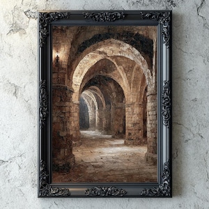 Ancient Gothic Crypt Arches, Dark Academia Impasto Oil Painting, Medieval Stone Corridor Digital Art Print, Medieval Gothic Crypt, Dark Art