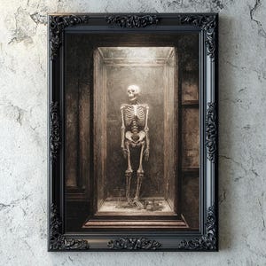 Gothic Anatomy Art, Skeleton in Display Case, Impasto Oil Painting, Moody Dark Academia Digital Artwork, Dark Academia Anatomical Wall Print