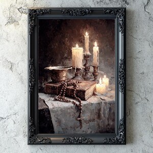 Gothic Still Life Digital Art Print, Candles, Cross Rosary and Antique book, Impasto Oil Paint, Dark Academia Decore, Gothic Vintage Art