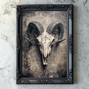 Dark Occult Skull Art Print, Ritual Ram Skull Artwork,  Macabre Gothic Oil Texture Digital Download, Witchy Aesthetics, Occult Art Prints