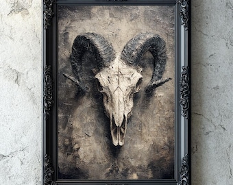 Dark Occult Skull Art Print, Ritual Ram Skull Artwork,  Macabre Gothic Oil Texture Digital Download, Witchy Aesthetics, Occult Art Prints