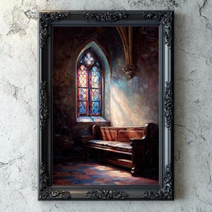 Sacred Gothic Window Artwork, Stained Glass Light, Impasto Oil Paint, Dark Academia Printable Wall Decor, Gothic Church Bench Art