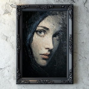 Gothic Woman Portrait Digital Art, Dark Academia Impasto Oil Painting, Mysterious Female Face Wall Decor, Moody Textured Printable Artwork