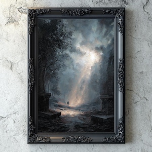 Dark Gothic Landscape, Mysterious Man in Fog and Light Rays, Impasto Oil Style, Haunted Aesthetic Digital Download Decor, Gothic Digital Art
