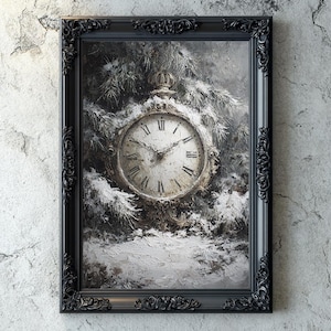 Gothic Clock Frozen in Winter Forest, Dark Academia Decore, Impasto Oil Painting, Symbolic Gothic Print, Winter Wall Art, Dark Art Home Deco