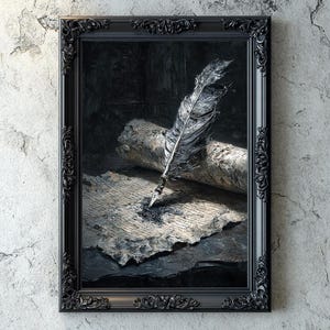 Dark Academia Quill on Ancient Scroll – Gothic Impasto Oil Art, Literary Witchcraft Wall Decor, Vintage Noir